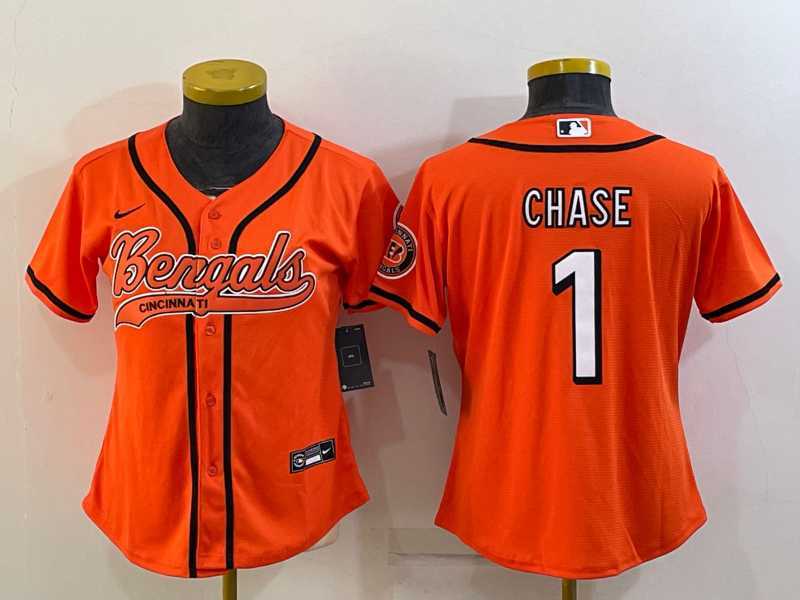Women%27s Cincinnati Bengals #1 JaMarr Chase Orange With Patch Cool Base Stitched Baseball Jersey